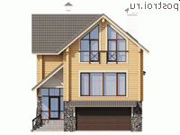 N-214-1D проект двухэтажного деревянного дома из бруса с цоколем и гаражом размером 9 на 14 - вид спереди