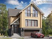 N-214-1D проект двухэтажного деревянного дома из бруса с цоколем и гаражом размером 9 на 14