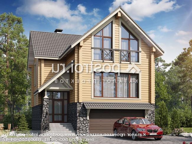 N-214-1D проект двухэтажного деревянного дома из бруса с цоколем и гаражом размером 9 на 14