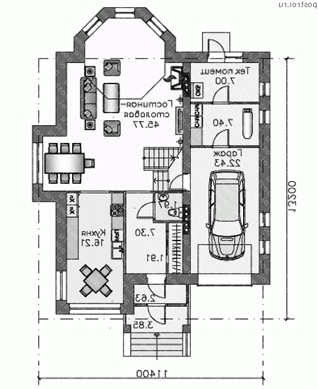 N-218-1K проект двухэтажного дома из кирпича с гаражом размером 13 на 11 - 1-й этаж N-218-1K проект двухэтажного дома из кирпича с гаражом размером 13 на 11 - 1-й этаж