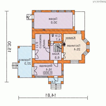 N-224-1K проект двухэтажного коттеджа из кирпича с цоколем и мансардой и гаражом размером 15 на 15 - 1-й этаж N-224-1K проект двухэтажного коттеджа из кирпича с цоколем и мансардой и гаражом размером 15 на 15 - 1-й этаж