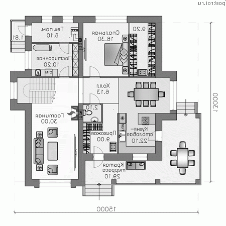 N-231-1P проект двухэтажного дома из газобетона размером 15 на 13 - 1-й этаж N-231-1P проект двухэтажного дома из газобетона размером 15 на 13 - 1-й этаж
