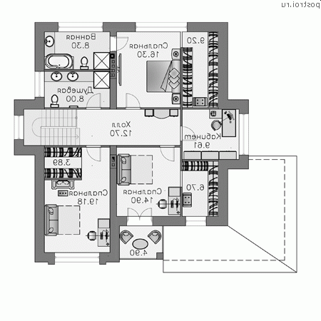 N-231-1P проект двухэтажного дома из газобетона размером 15 на 13 - 2-й этаж N-231-1P проект двухэтажного дома из газобетона размером 15 на 13 - 2-й этаж