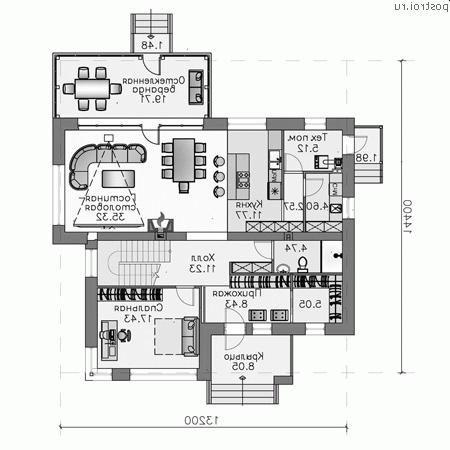 N-236-1P проект двухэтажного дома из газобетона размером 13 на 14  - 1-й этаж