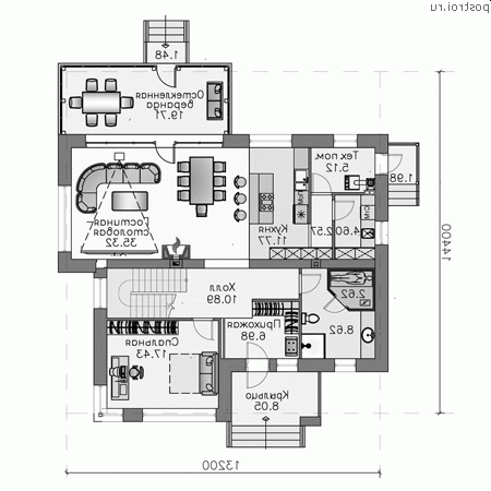 N-236-1P проект двухэтажного дома из газобетона размером 13 на 14  - 1-й этаж (вариант 2)