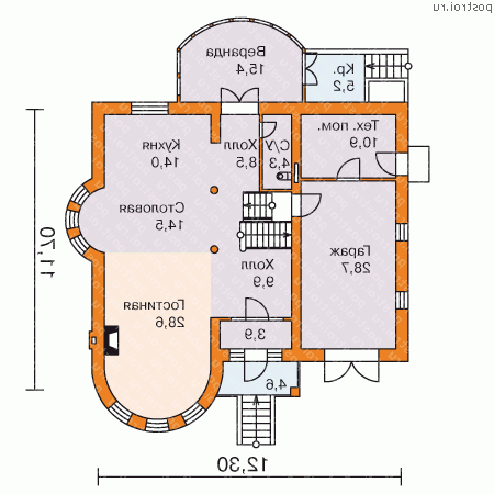 N-239-1P проект двухэтажного дома из газобетона с гаражом размером 12 на 12 - 1-й этаж N-239-1P проект двухэтажного дома из газобетона с гаражом размером 12 на 12 - 1-й этаж