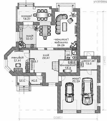 N-243-1K проект двухэтажного дома из кирпича с гаражом размером 17 на 14 - 1-й этаж