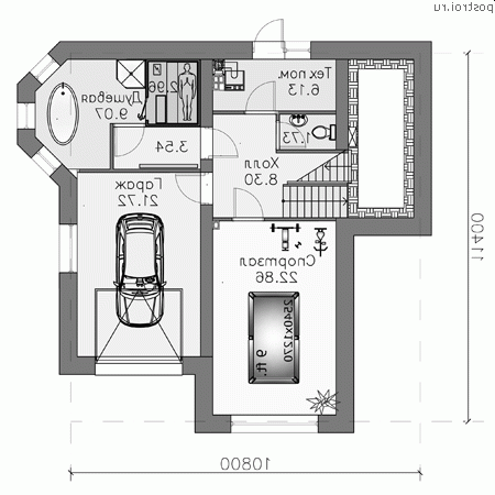 N-261-2D проект двухэтажного деревянного дома из бруса с цоколем и гаражом размером 11 на 11 - цоколь