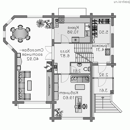 N-261-2D проект двухэтажного деревянного дома из бруса с цоколем и гаражом размером 11 на 11 - 1-й этаж