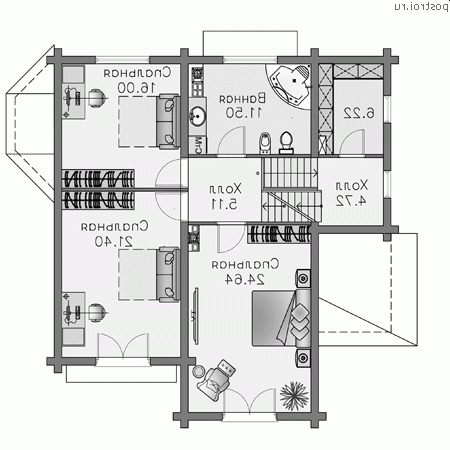 N-261-2D проект двухэтажного деревянного дома из бруса с цоколем и гаражом размером 11 на 11 - 2-й этаж