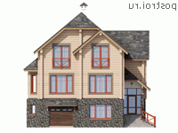 N-261-2D проект двухэтажного деревянного дома из бруса с цоколем и гаражом размером 11 на 11 - вид спереди