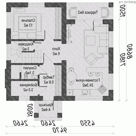 O-131-1K проект двухэтажного дома из кирпича размером 9 на 9 - 1-й этаж O-131-1K проект двухэтажного дома из кирпича размером 9 на 9 - 1-й этаж