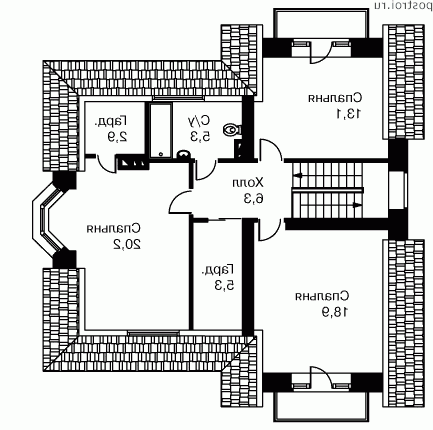O-159-1K проект двухэтажного дома из кирпича размером 12 на 12  - 2-й этаж