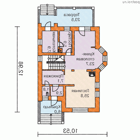 O-177-1K проект двухэтажного дома из кирпича с мансардой размером 13 на 11  - 1-й этаж