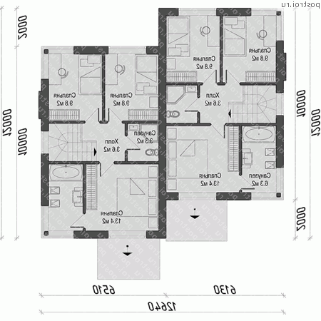 O-202-1K проект двухэтажного дома из кирпича размером 13 на 12 - 2-й этаж O-202-1K проект двухэтажного дома из кирпича размером 13 на 12 - 2-й этаж