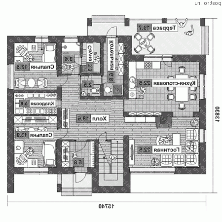 O-204-1P проект одноэтажного дома из пенобетона с мансардой размером 14 на 16  - 1-й этаж