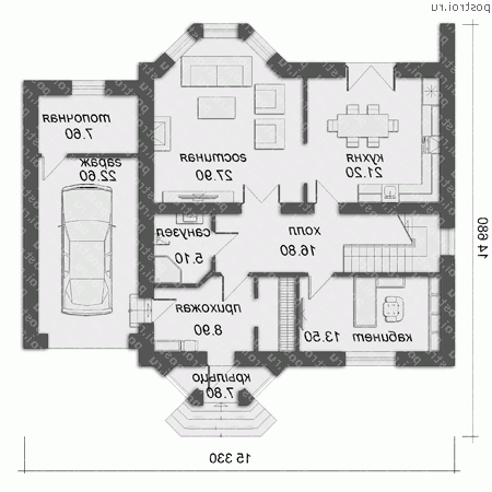 O-241-1K проект двухэтажного дома из кирпича с гаражом размером 15 на 15  - 1-й этаж