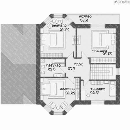 O-241-1K проект двухэтажного дома из кирпича с гаражом размером 15 на 15  - 2-й этаж