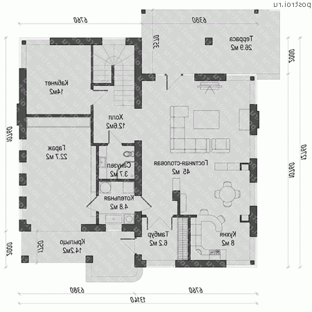O-302-1K проект двухэтажного коттеджа из кирпича с гаражом размером 13 на 13 - 1-й этаж O-302-1K проект двухэтажного коттеджа из кирпича с гаражом размером 13 на 13 - 1-й этаж