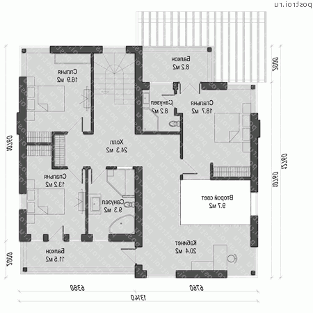 O-302-1K проект двухэтажного коттеджа из кирпича с гаражом размером 13 на 13 - 2-й этаж O-302-1K проект двухэтажного коттеджа из кирпича с гаражом размером 13 на 13 - 2-й этаж
