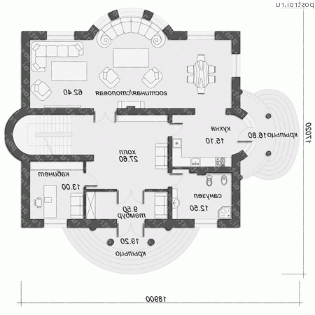 O-471-1K проект двухэтажного дома из кирпича с цоколем размером 19 на 17  - 1-й этаж