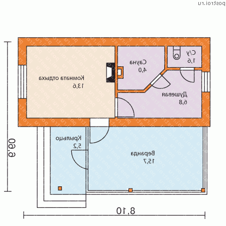 P-044-1P проект одноэтажной бани из пеноблока размером 6 на 8  - 1-й этаж