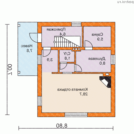 P-087-1P проект одноэтажной бани из пеноблока с мансардой размером 7 на 9  - 1-й этаж
