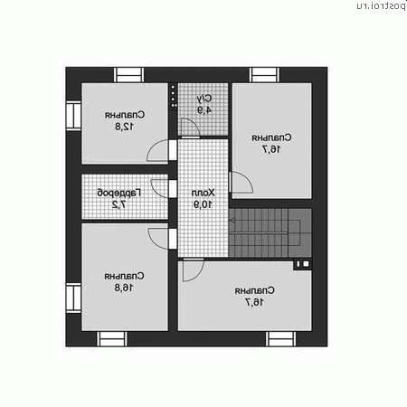 P-258-1P проект двухэтажного коттеджа из пеноблоков с цоколем размером 10 на 11 - 2-й этаж P-258-1P проект двухэтажного коттеджа из пеноблоков с цоколем размером 10 на 11 - 2-й этаж