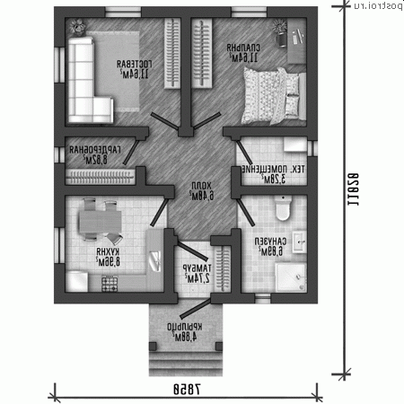 Q-056-1S проект одноэтажного каркасного дома размером 8 на 11 - 1-й этаж Q-056-1S проект одноэтажного каркасного дома размером 8 на 11 - 1-й этаж