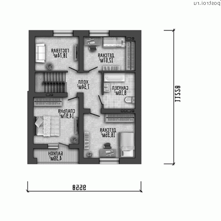 Q-176-1P проект двухэтажного дома из пеноблоков с гаражом размером 11 на 11 - 2-й этаж Q-176-1P проект двухэтажного дома из пеноблоков с гаражом размером 11 на 11 - 2-й этаж