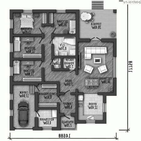 Q-185-2P проект одноэтажного дома из пеноблоков с гаражом размером 15 на 18 - 1-й этаж