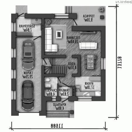 Q-197-1P проект двухэтажного коттеджа из пенобетона с гаражом размером 12 на 14 - 1-й этаж