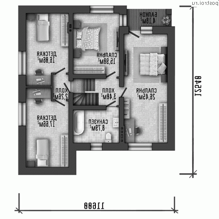 Q-197-1P проект двухэтажного коттеджа из пенобетона с гаражом размером 12 на 14 - 2-й этаж
