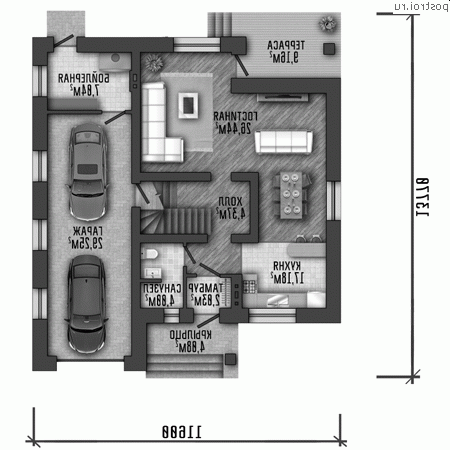 Q-198-1P проект двухэтажного коттеджа из пенобетона с гаражом размером 12 на 14  - 1-й этаж