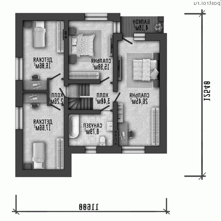 Q-198-1P проект двухэтажного коттеджа из пенобетона с гаражом размером 12 на 14  - 2-й этаж