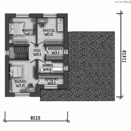 Q-214-1P проект двухэтажного дома из газобетона с гаражом размером 16 на 12 - 2-й этаж Q-214-1P проект двухэтажного дома из газобетона с гаражом размером 16 на 12 - 2-й этаж