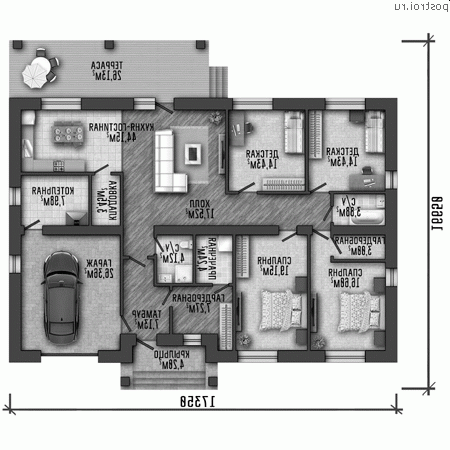 Q-215-1P проект одноэтажного дома из пенобетона с гаражом размером 17 на 17 - 1-й этаж Q-215-1P проект одноэтажного дома из пенобетона с гаражом размером 17 на 17 - 1-й этаж