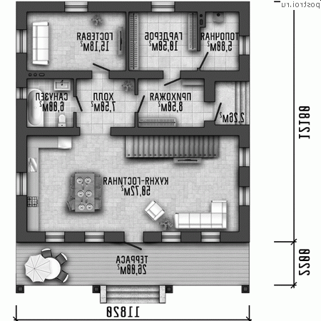 Y-221-1K проект двухэтажного коттеджа из кирпича размером 12 на 14 - 1-й этаж Y-221-1K проект двухэтажного коттеджа из кирпича размером 12 на 14 - 1-й этаж