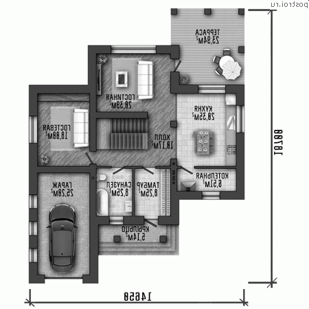 Q-239-2P проект двухэтажного дома из газобетона с гаражом размером 15 на 19 - 1-й этаж Q-239-2P проект двухэтажного дома из газобетона с гаражом размером 15 на 19 - 1-й этаж