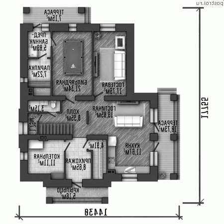 Q-257-1K проект двухэтажного коттеджа из кирпича размером 14 на 18 - 1-й этаж Q-257-1K проект двухэтажного коттеджа из кирпича размером 14 на 18 - 1-й этаж