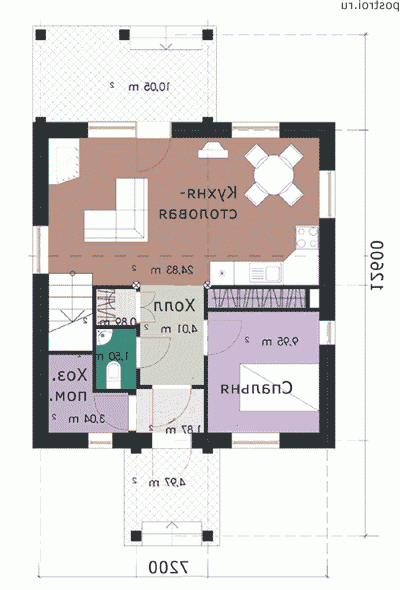 R-101-1P проект двухэтажного коттеджа из пенобетона размером 8 на 7  - 1-й этаж