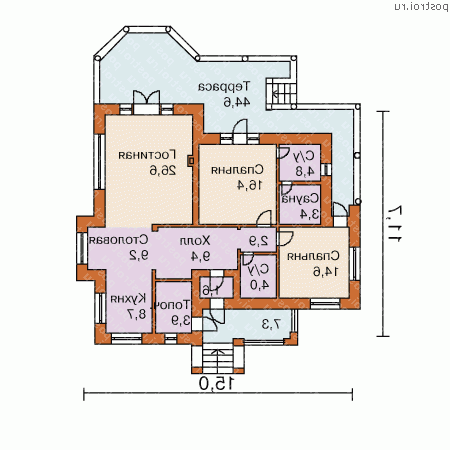 R-121-1K проект одноэтажного коттеджа из кирпича размером 11 на 14 - 1-й этаж R-121-1K проект одноэтажного коттеджа из кирпича размером 11 на 14 - 1-й этаж