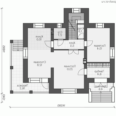 R-153-1P проект двухэтажного коттеджа из пеноблоков размером 15 на 13 - 1-й этаж R-153-1P проект двухэтажного коттеджа из пеноблоков размером 15 на 13 - 1-й этаж