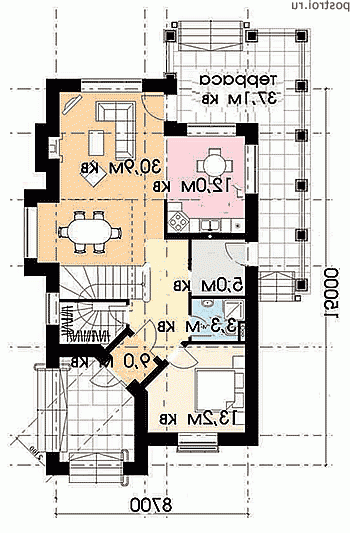 R-180-1K проект двухэтажного дома из кирпича размером 9 на 15  - 1-й этаж