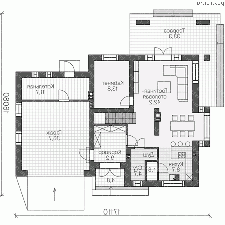 R-196-1K проект двухэтажного коттеджа из кирпича с гаражом размером 16 на 17  - 1-й этаж