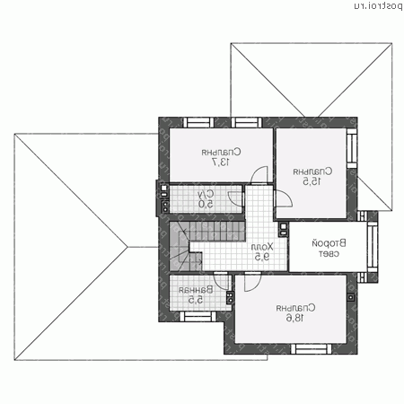R-196-1K проект двухэтажного коттеджа из кирпича с гаражом размером 16 на 17  - 2-й этаж