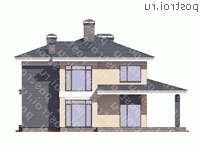 R-196-1K проект двухэтажного коттеджа из кирпича с гаражом размером 16 на 17  - вид слева