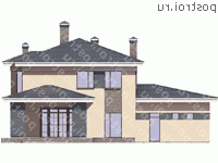 R-196-1K проект двухэтажного коттеджа из кирпича с гаражом размером 16 на 17  - вид сзади