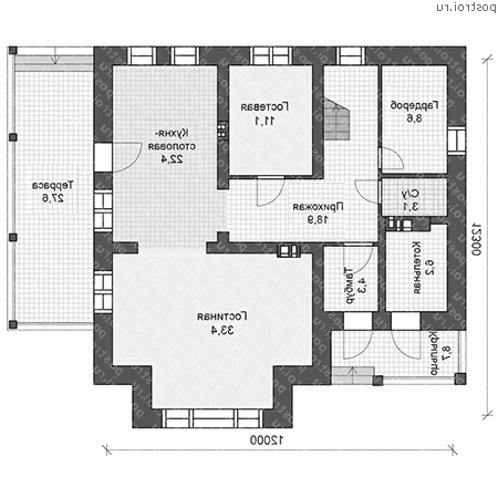 R-205-1P проект двухэтажного дома из пенобетона размером 12 на 12  - 1-й этаж