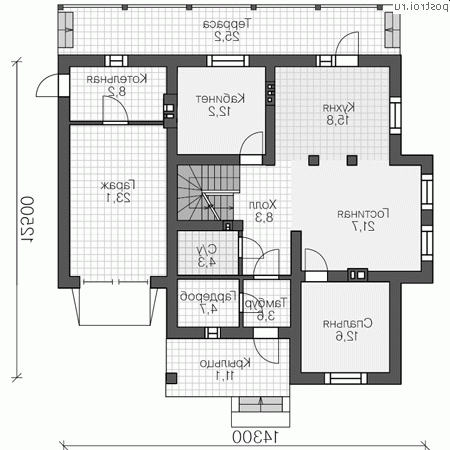 R-213-1P проект двухэтажного дома из пенобетона с подвалом и гаражом размером 14 на 13  - 1-й этаж
